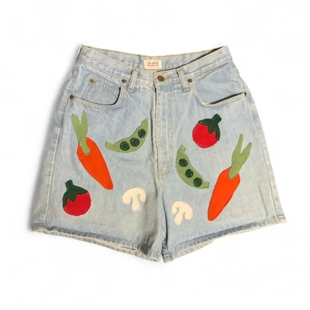 Custom Upcycled Vintage Veggie Gardener Denim Shorts